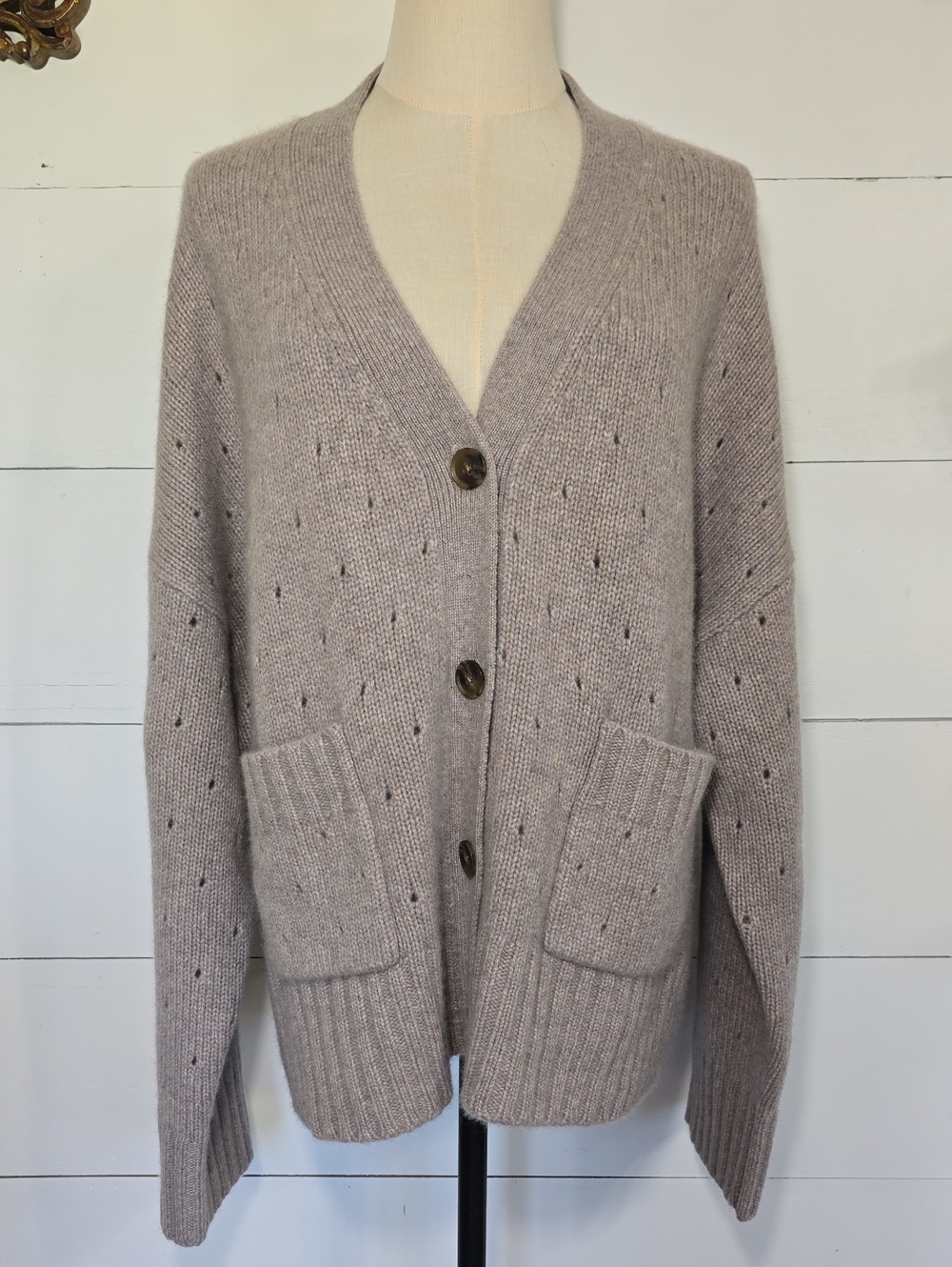 Haven Well Within 100% Cashmere Pointelle Cardigan Gray/Tan XXL